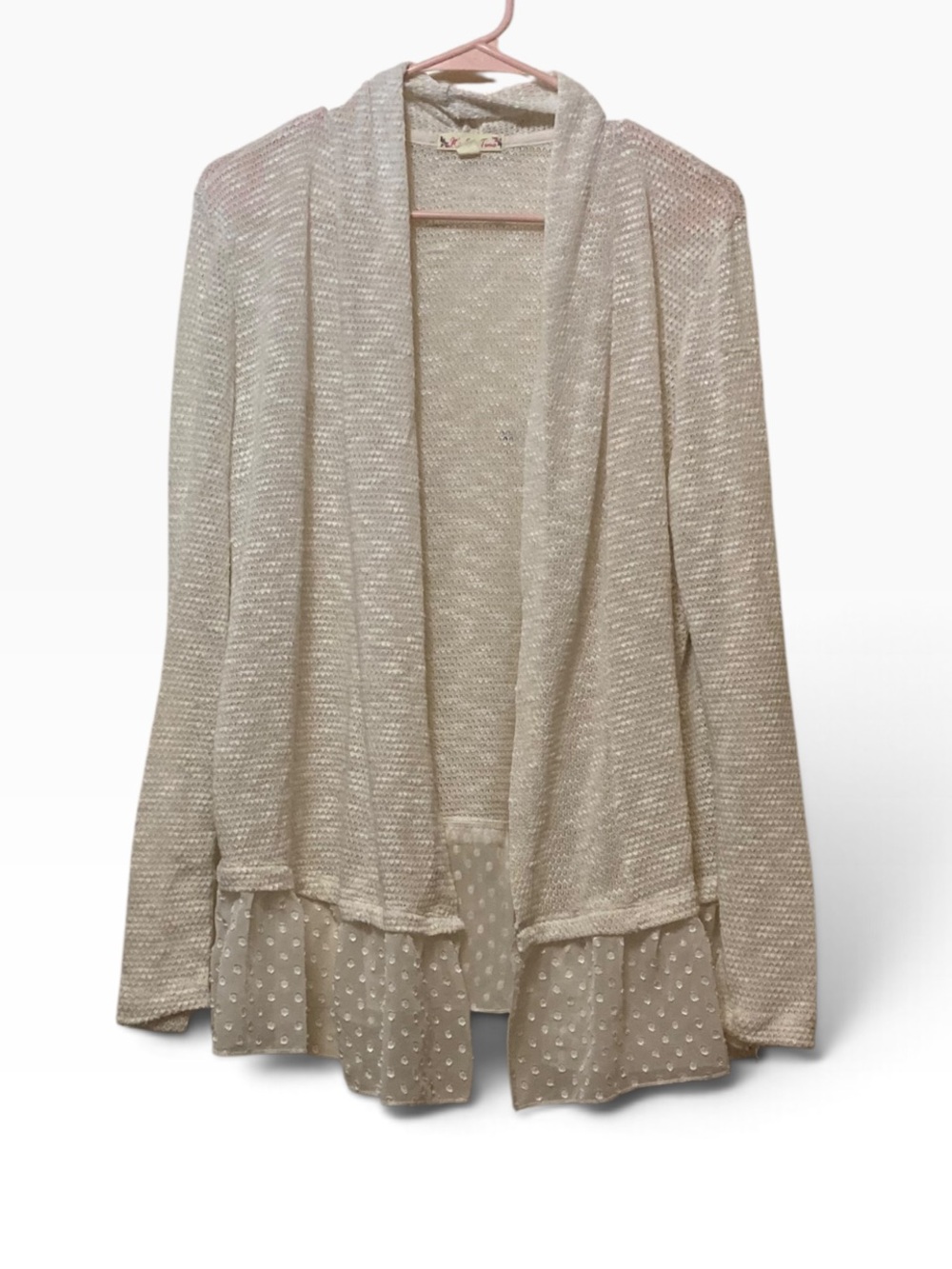 It's Our Time Cream Open-Front Knit Cardigan with Sheer Dot Trim